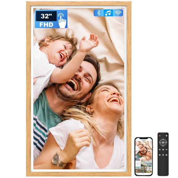 32 Inch FHD Extra Large Digital Picture Frame Touchscreen, 64GB FHD IPS WiFi Digital Photo Frame Remote, Share Photo/Video via Apps, Email, Auto-Rotate,Wood Pattern