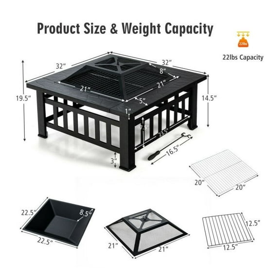 32 Inch Fire Pit Table, 3-in-1 Outdoor Fire Bowl with BBQ Grill & Cover