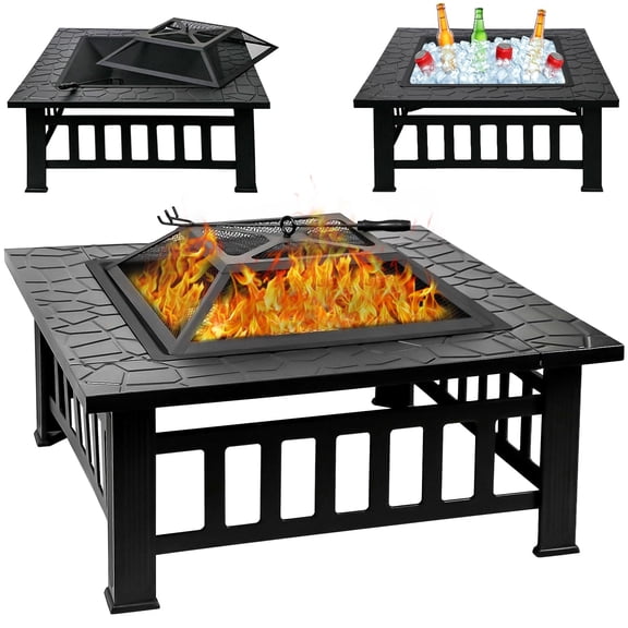 32 Inch Fire Pit Table with Fire Poker & Spark Screen, 3 in 1 Metal Square Firepit