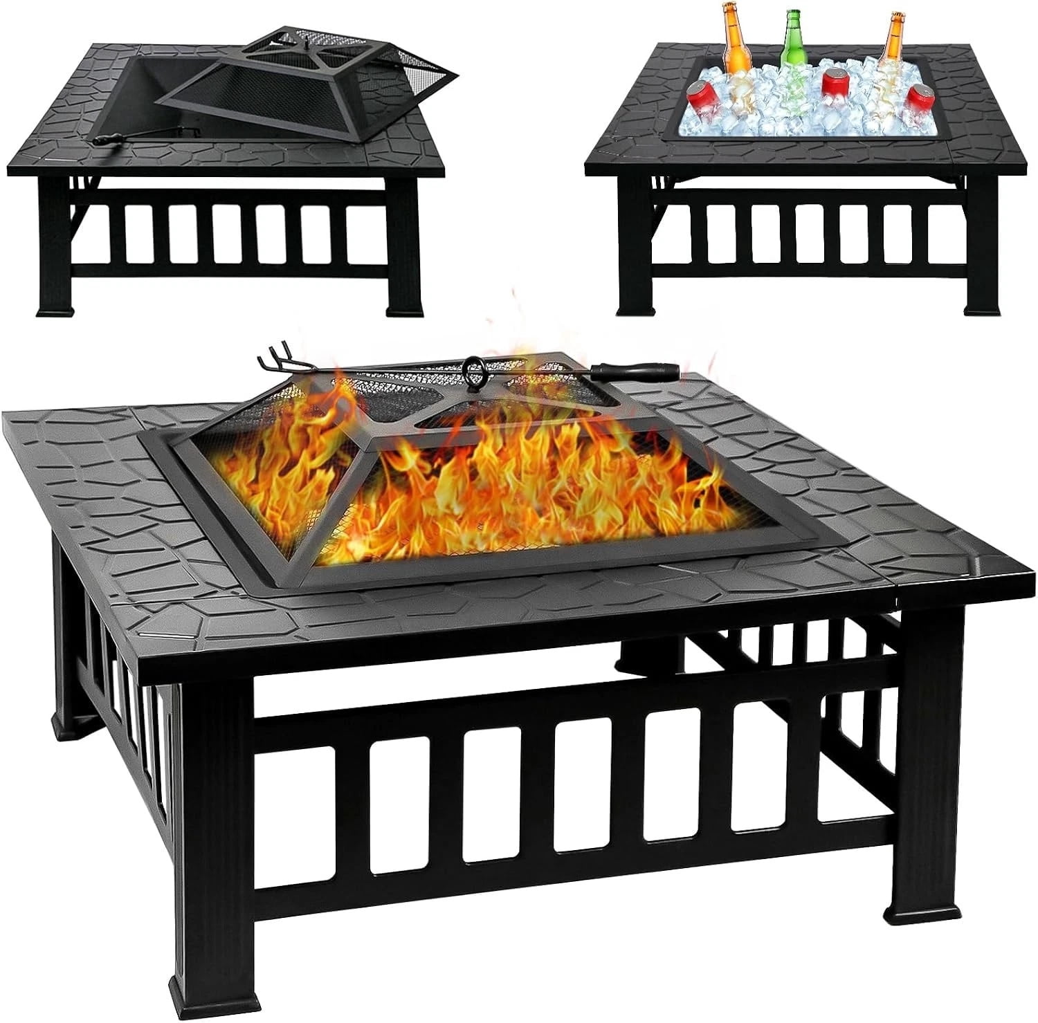 Triangular Fire Table 32 Inch Fire Pit Table with Fire Poker & Spark Screen, 3 in 1 Metal ...