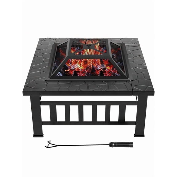 32-Inch Fire Pits Outdoor Patio Metal Multifunctional Firepit Table With Waterproof Cover For Camping Bonfire Party Picnic BBQ Backyard Garden Outside Heating,Black