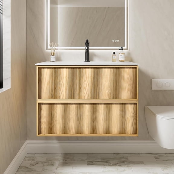 32 Inch Floating Bathroom Vanity with Sink, Pre-Assembled Natural Oak Fluted Front Multi-Layer Solid Wood Bathroom Sink Vanity, Wall Mounted with Integrated White Stone Top and 2 Soft Close Drawers