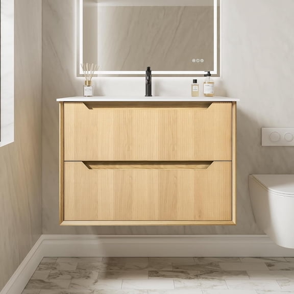 32 Inch Floating Bathroom Vanity with Sink, Pre-Assembled Natural Oak Grid Texture Front Multi-Layer Solid Wood Bathroom Sink Vanity, Wall Mounted with Integrated Stone Top and 2 Soft Close Drawers