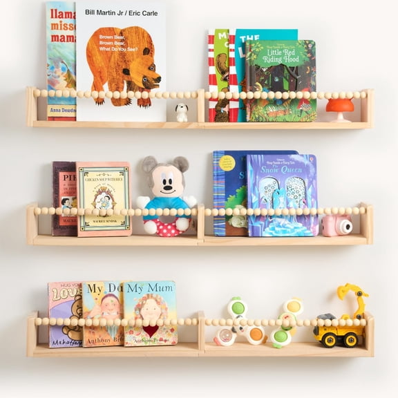 32 Inch Floating Shelf with Wooden Bead Design - Solid Pine Wall Mounted Bookshelf, Child-Safe Nursery Storage for Kids Room Decor, Set of 3(Pre-Strung Strings)