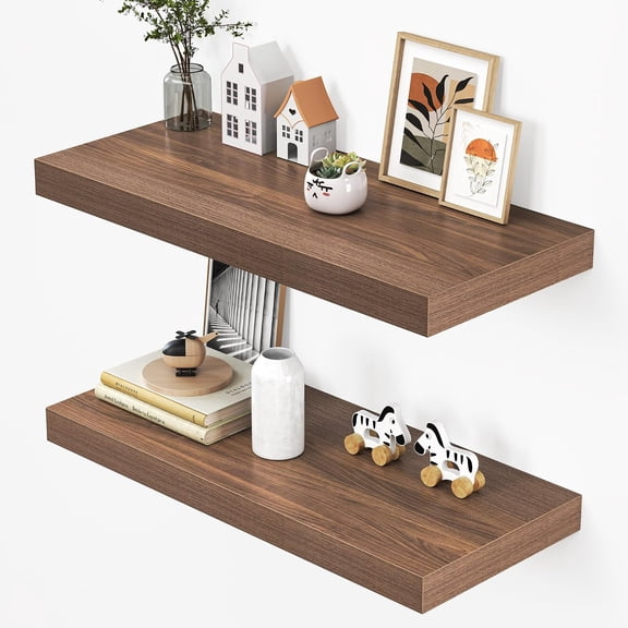 32 Inch Floating Shelves, Decorative Wall Mounted Accent Shelf, Walnut Finish, 12 Inch Deep 25 Pound Capacity, Walnut / 32"L x 12"D x 2"H, Set of 2