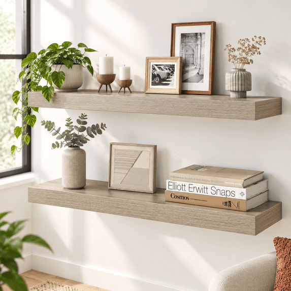 32 Inch Floating Shelves For Wall 8 Deep Rustic Wood Set Of 2 Mounted ...