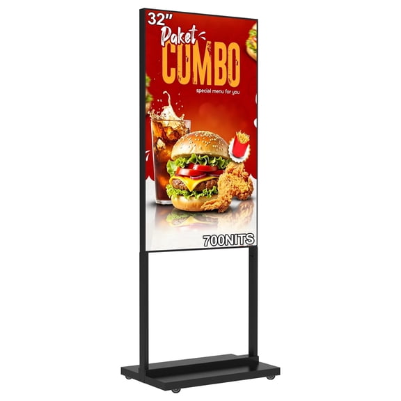 32 Inch Floor Standing Digital Signage, 700nits High Brightness Slim Frameless Advertising Display, Digital Signage with CMS/U-Disk Plug&Play, Split Screen, 7/24 Timer switch,HDMI/USB/WiFi/Android OS