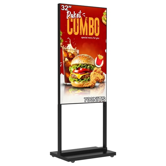 32 Inch Floor Standing Digital Signage, 700nits High Brightness Slim Frameless Advertising Display, Digital Signage with CMS/U-Disk Plug&Play, Split Screen, 7/24 Timer switch,HDMI/USB/WiFi/Android OS