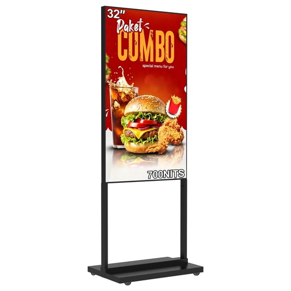 32 Inch Floor Standing Digital Signage, 700nits High Brightness Slim Frameless Advertising Display, Digital Signage with CMS/U-Disk Plug&Play, Split Screen, 7/24 Timer switch,HDMI/USB/WiFi/Android OS