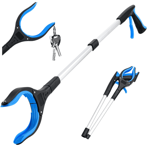 32 Inch Foldable Grabber Reacher Tool, 360° Rotating Anti-Slip Jaw with Magnetic Tip, Heavy Duty Indoor Outdoor Trash Pick Up Stick for Seniors & Elderly, Blue