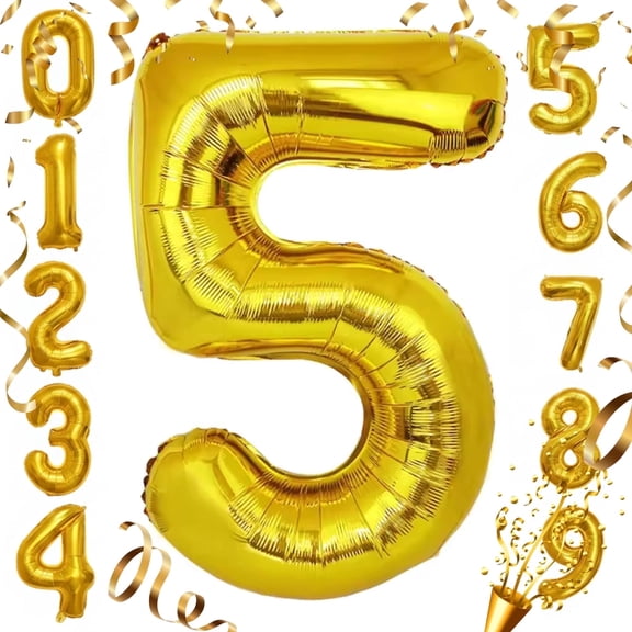 32 inch Gold Foil Mylar Number 5 Balloon for Helium & Air Inflation - Big Self-Seal Balloons for 5th Birthday, Anniversary, Graduation Event Decor