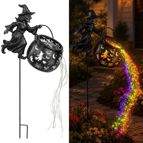 32 Inch Halloween Witch Cauldron Garden Stake Light, Flying Witch Holding Pot Metal Yard Stake , LED String Lights Outdoor Waterproof Lawn Pathway Decor for Halloween Party Holiday Ornament
