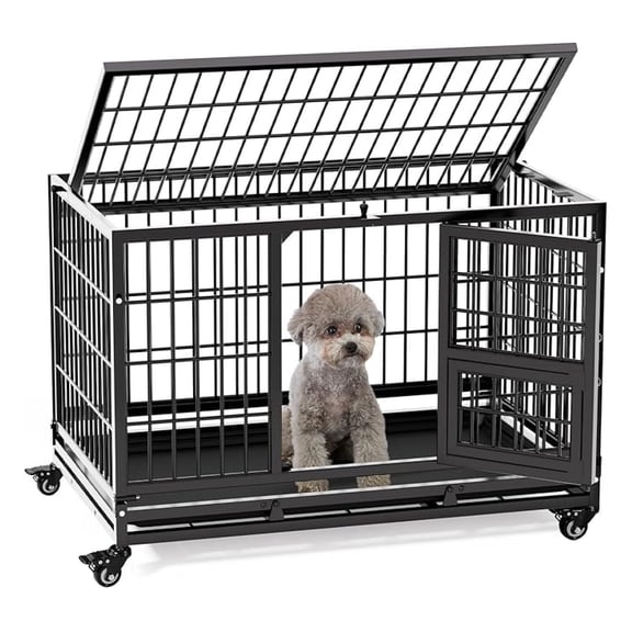 32 Inch Heavy Duty Dog Crate with Wheels, Folding Metal Dog Cage for Puppy/Small and Medium Dogs, Indestructible Dog Crate with Removable Tray (Black)