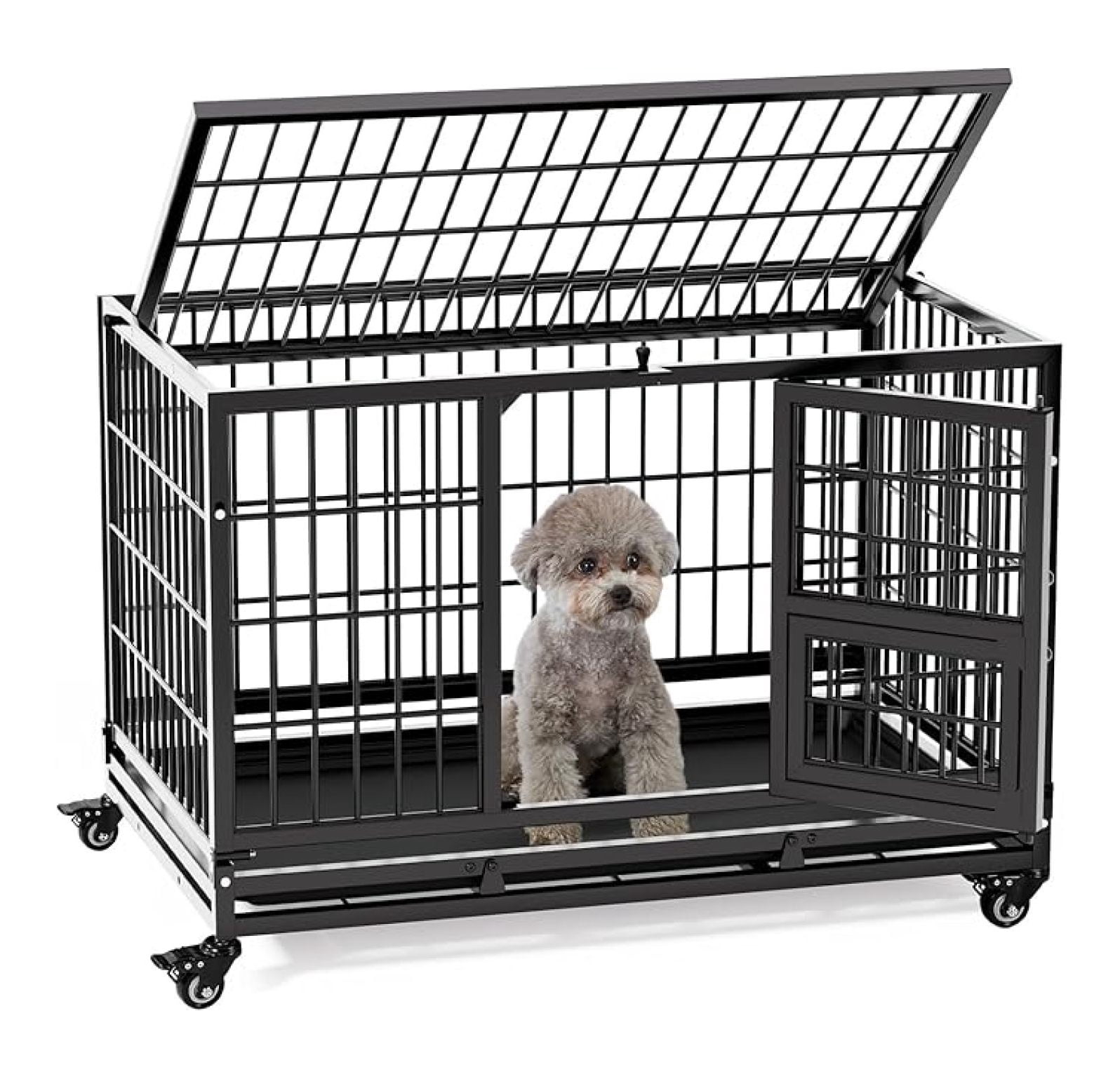 32 Inch Heavy Duty Dog Crate with Wheels, Folding Metal Dog Cage for Puppy/Small and Medium Dogs, Indestructible Dog Crate with Removable Tray (Black)