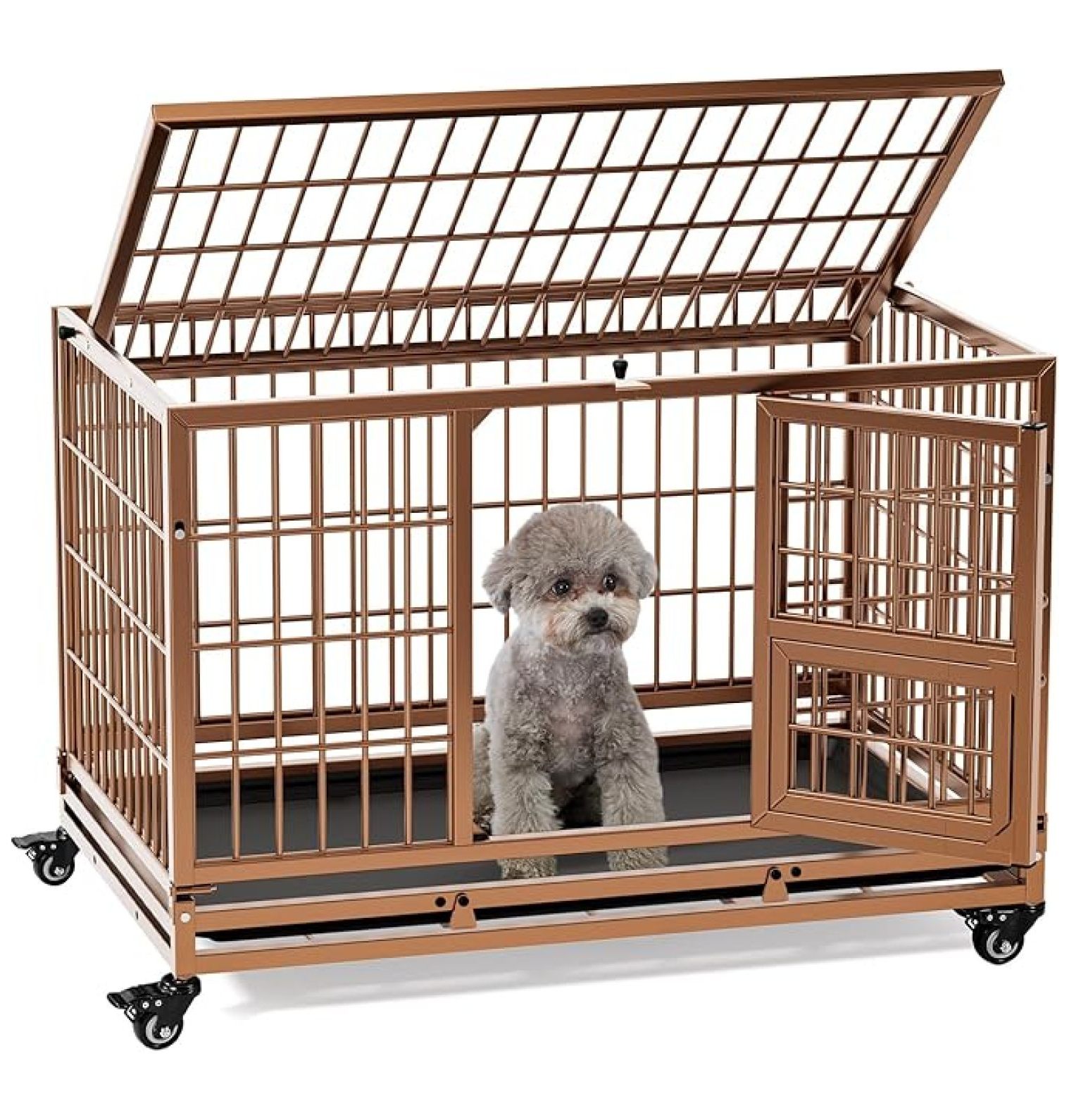 32 Inch Heavy Duty Dog Crate with Wheels, Folding Metal Dog Cage for ... - Little Dog Crate With Wheels