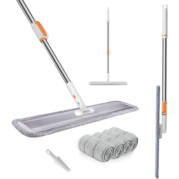 32-Inch Heavy-Duty Flat Microfiber Wet Mop with Easy Wringing System, Includes 4 Reusable Pads and Adjustable Long Handle for Deep Floor Cleaning