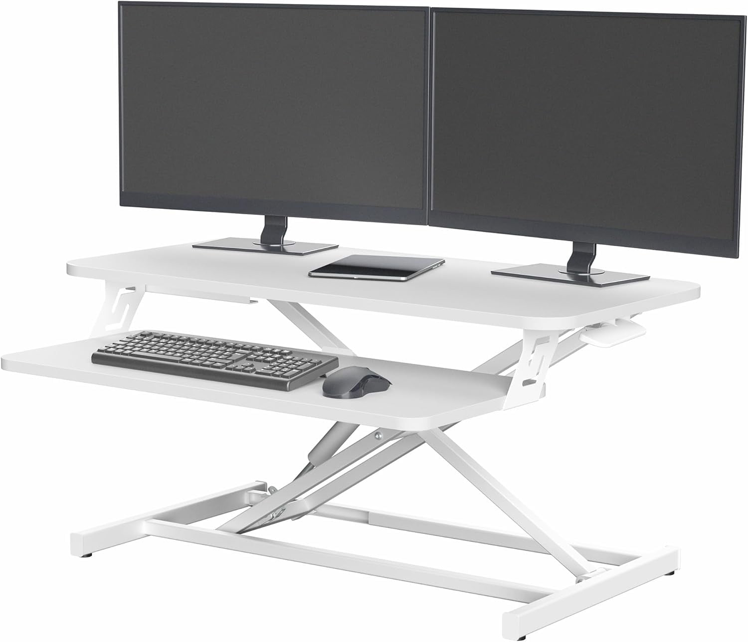 32 Inch Height Adjustable Stand Up Desk Riser, Heavy Duty Computer Workstation with Removable Keyboard Tray - Ergonomic Design for Home Office Workshop Gaming, Spacious Platform(White)