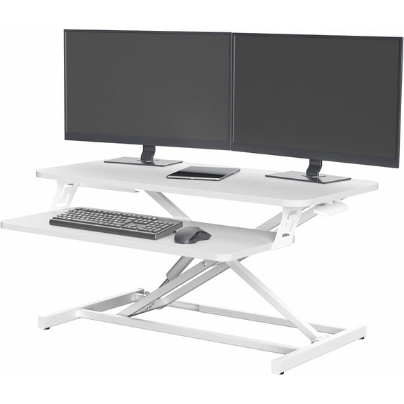 32 Inch Height Adjustable Stand Up Desk Riser, Heavy Duty Computer Workstation with Removable Keyboard Tray - Ergonomic Design for Home Office Workshop Gaming, Spacious Platform(White)