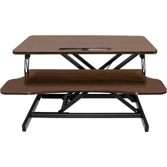 32 Inch Height Adjustable Stand Up Desk Riser, Heavy Duty Computer Workstation with Removable Keyboard Tray - Ergonomic Design for Home Office Workshop Gaming, Spacious Platform(Walnut)