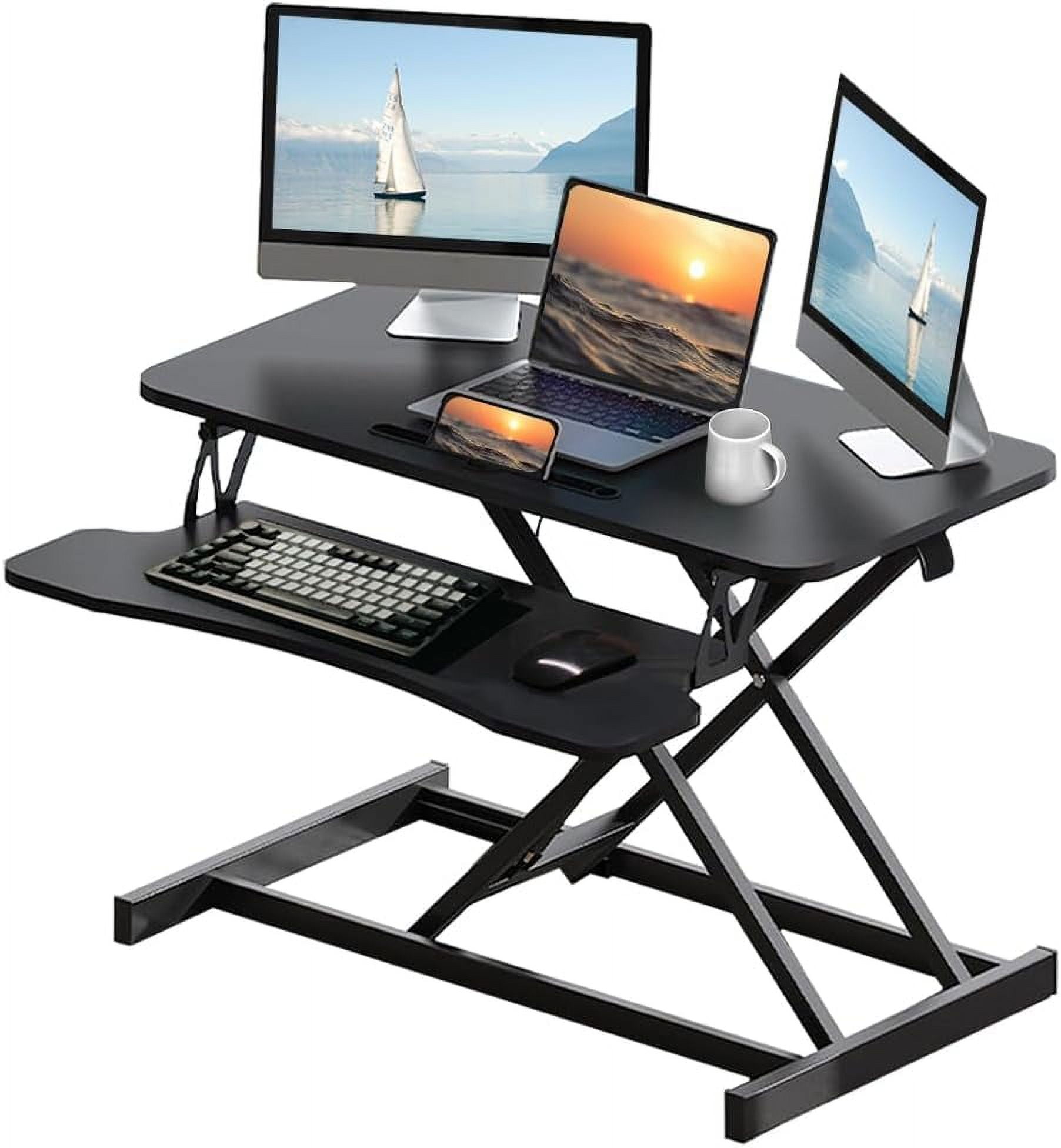 32 Inch Height Adjustable Standing Desk Converter, Sit-Stand Workstation with Dual Monitor Riser & Wide Keyboard Tray, Office & Home Use, Black