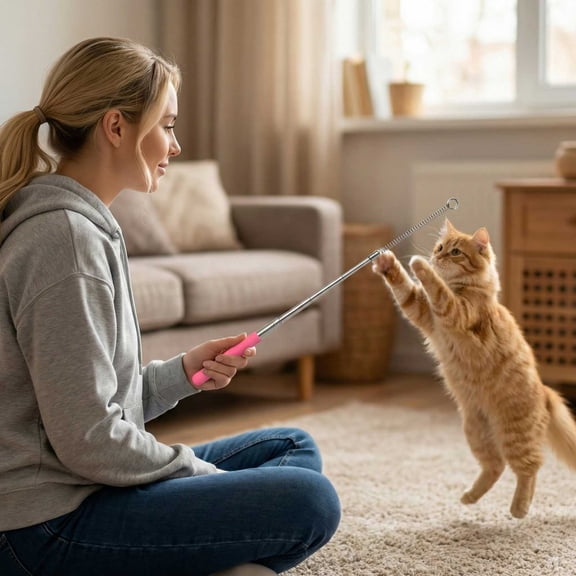 32 Inch Interactive Cat Teaser Wand Stainless Steel Flexible Extendable Rod for Exercise and Boredom Relief, Pink