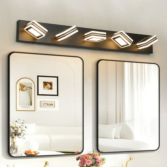 32 Inch LED Bathroom Vanity Light, Modern 5-Light Wall Sconce with Rotatable Heads, Dimmable Black Finish