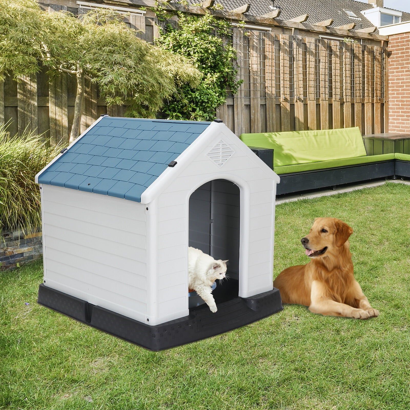 32 Inch Large Plastic Dog House, Dog Kennel Outdoor Waterproof Doghouse Casas para Perros, Puppy Shelter Elevated Floor and Air Vents Igloo Dog House, for Small Medium Large Dogs Outdoor Indoor, Blue