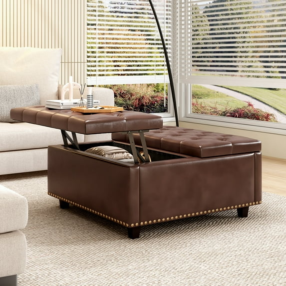 32 Inch Large Storage Ottoman with Lift Top, Square PU Leather Coffee Table with Button Tufted and Wooden Legs, Oversized Storage Footstool for Living Room, Brown