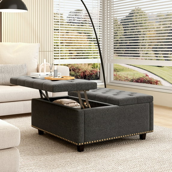 32-Inch Large Storage Ottoman with Lift-Top Coffee Table, Button-Tufted Design & Wooden Legs, Oversized Footstool for Living Room Storage, Dark Grey