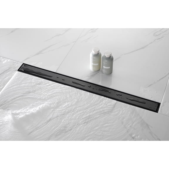 32 Inch Linear Shower Drain - 2-in-1 Flat & Tile Insert Removable Cover 304 Stainless Steel with Hair Strainer & Leveling Feet Matte Black