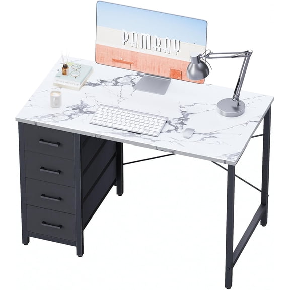 32 Inch Marble-Finish Computer Desk with 4 Fabric-Covered Drawers for Home or Bedroom Study
