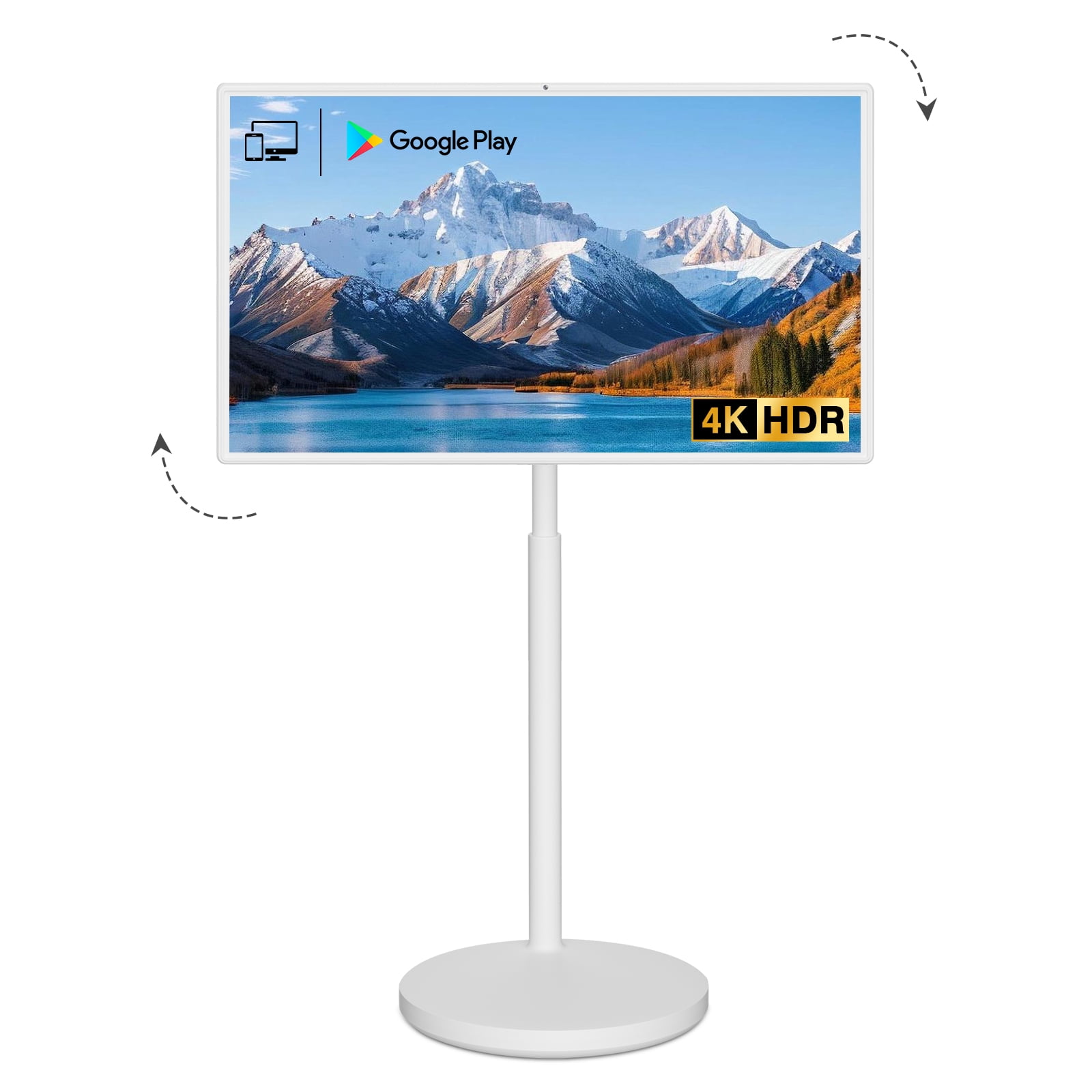 4K Portable TV on Wheels Voice Remote Control Eye-care Silky Smooth Touch Screen Monitor Built-in Battery and 4K Camera Smart Rolling Tablet Full Swivel and Height for Everyone and Indoor or Outdoor