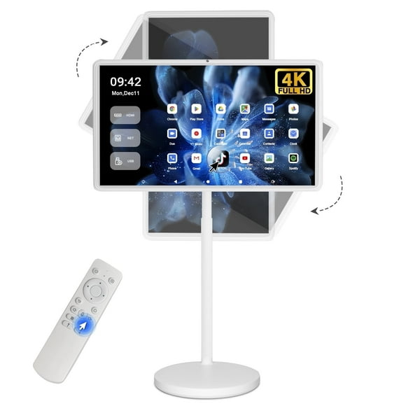 4K Portable TV on Wheels Voice Remote Control Eye-care Silky Smooth Touch Screen Monitor Built-in Battery and 4K Camera Smart Rolling Tablet Full Swivel and Height for Everyone and Indoor or Outdoor