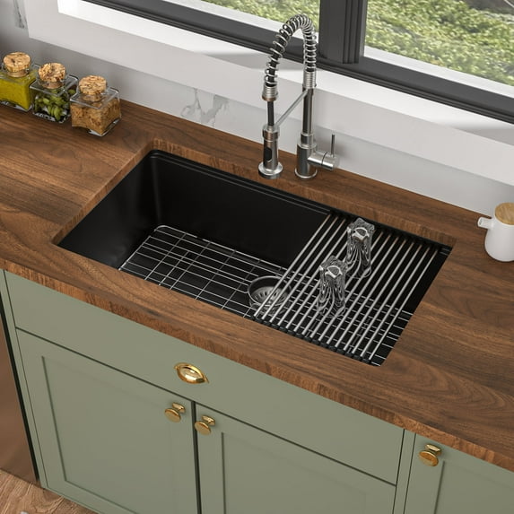 32 Inch Modern Masonry Black Quartz Workstation Kitchen Sink Single Bowl Undermount Sink with Accessories
