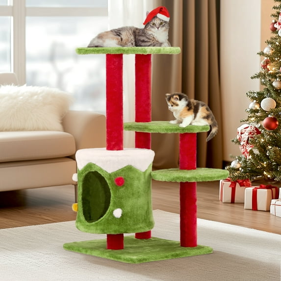 32 Inch Multcolor Cat House, Cat Scratching Posts Tower with Cat Condo, Christmas Themed Plush Cat Climbing Frame, 3-Level Plush Cat Tree Activity Center, Holiday Decor for Indoor, Green
