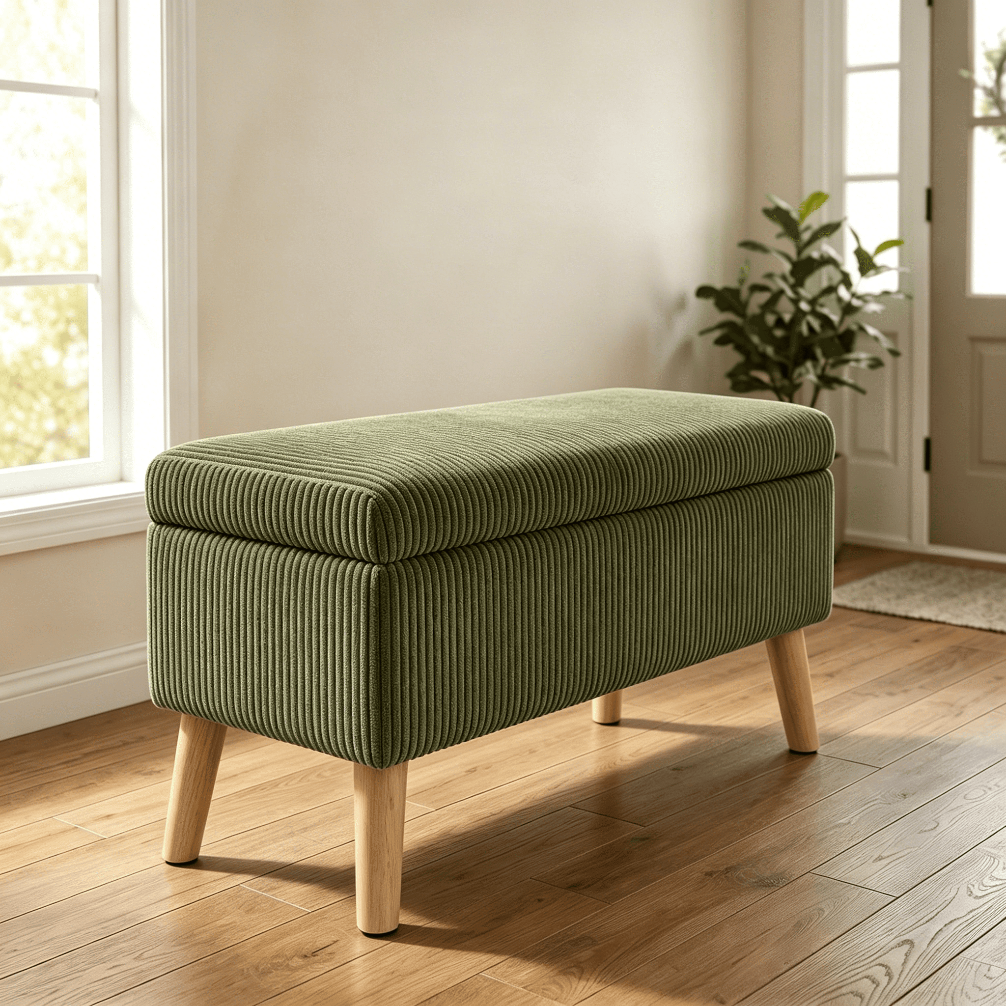 32 Inch Olive Green Corduroy Storage Ottoman Bench with Wooden Legs, Flip Top Upholstered Storage Chest, Multi-Functional End of Bed Shoe Bench Footrest for Bedroom Entryway Living Room