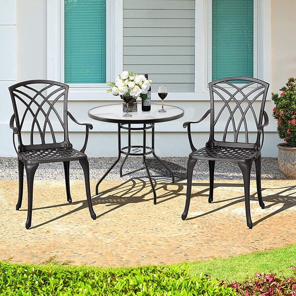 32 Inch Outdoor  Bistro Table with Tempered Glass Top and Umbrella Hole for Garden Backyard Balcony