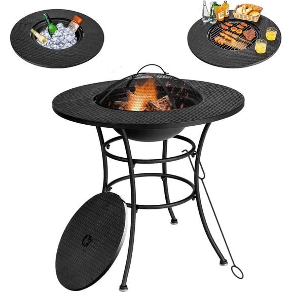 32 Inch Outdoor Fire Pit Dining Table, 4-in-1 Round Wood Burning Fire Pit Bowl, Patio Steel Firepit for BBQ, Bonfire, Camping, Includes Fire Poker, Cover, Grill, Log Grate, Spark Screen Cover