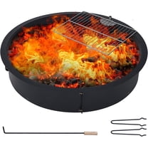 32 Inch Outdoors Camping Firepit Ring, Wood Burning Fire Pits, Round Heavy Duty Firepits Ring with Tongs for Outdoor Park, Backyard, Bonfire Black