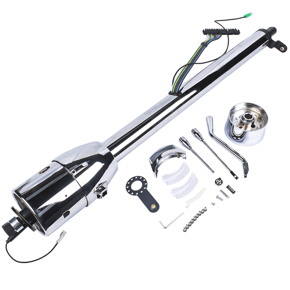 32 Inch Polish Stainless Steel Floor Shift Steering Column with 9 Hole Wheel Adapter Switch Automatic No Key Silver