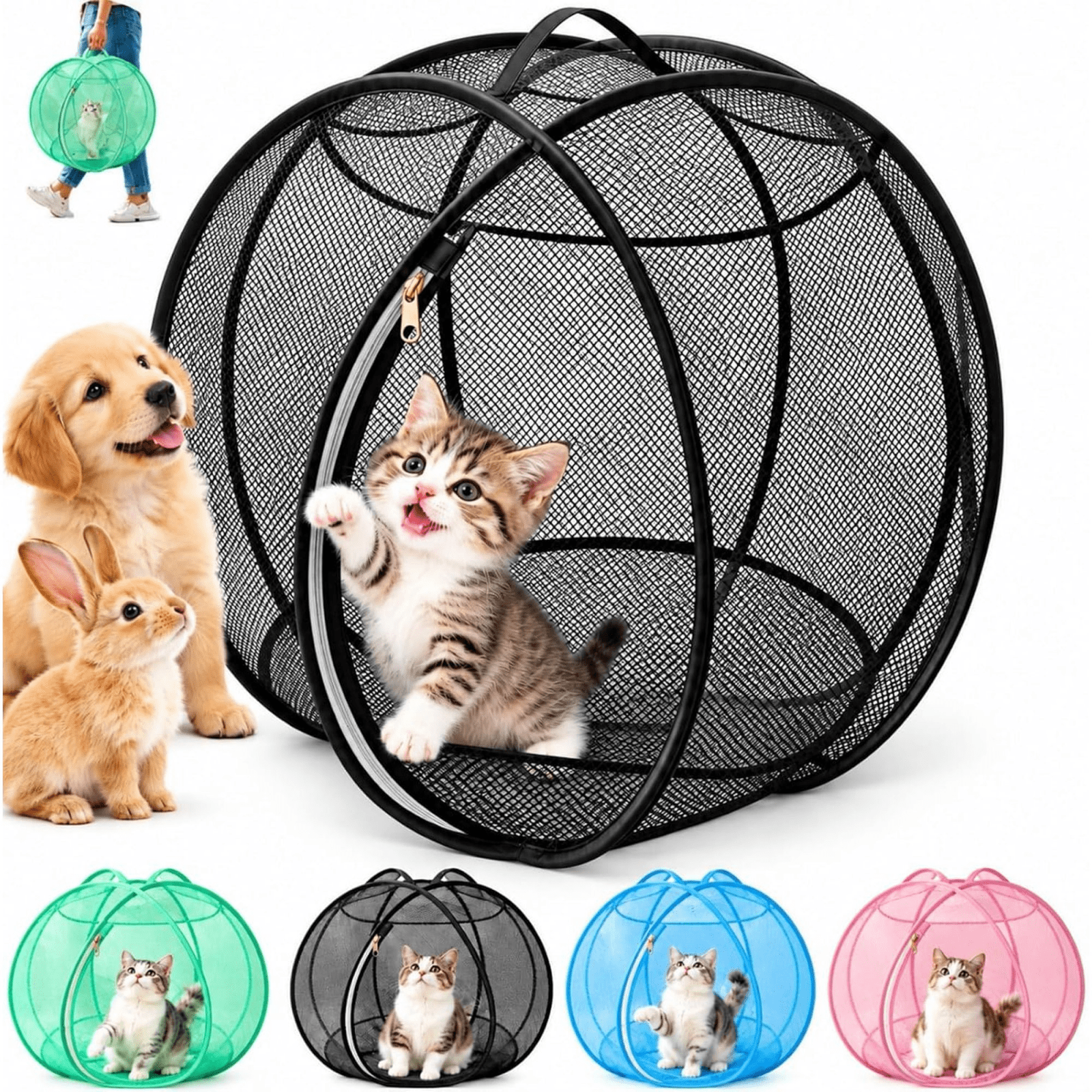 32-Inch Pop-Up Cat Playpen, Cat Rolly Ball, Spherical Mesh Enclosure ...