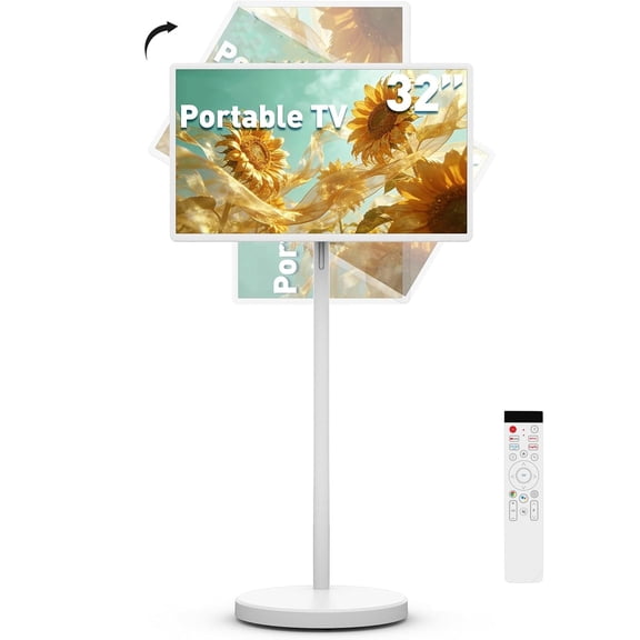 32-Inch Portable Smart TV, Rolling TV on Wheels, Android 15 OS, 8G RAM + 128G Storage, 1080P Full HD Touch Screen Monitor, 68 Hour Builtin Battery, Full Swivel Rotation, Voice Remote Control