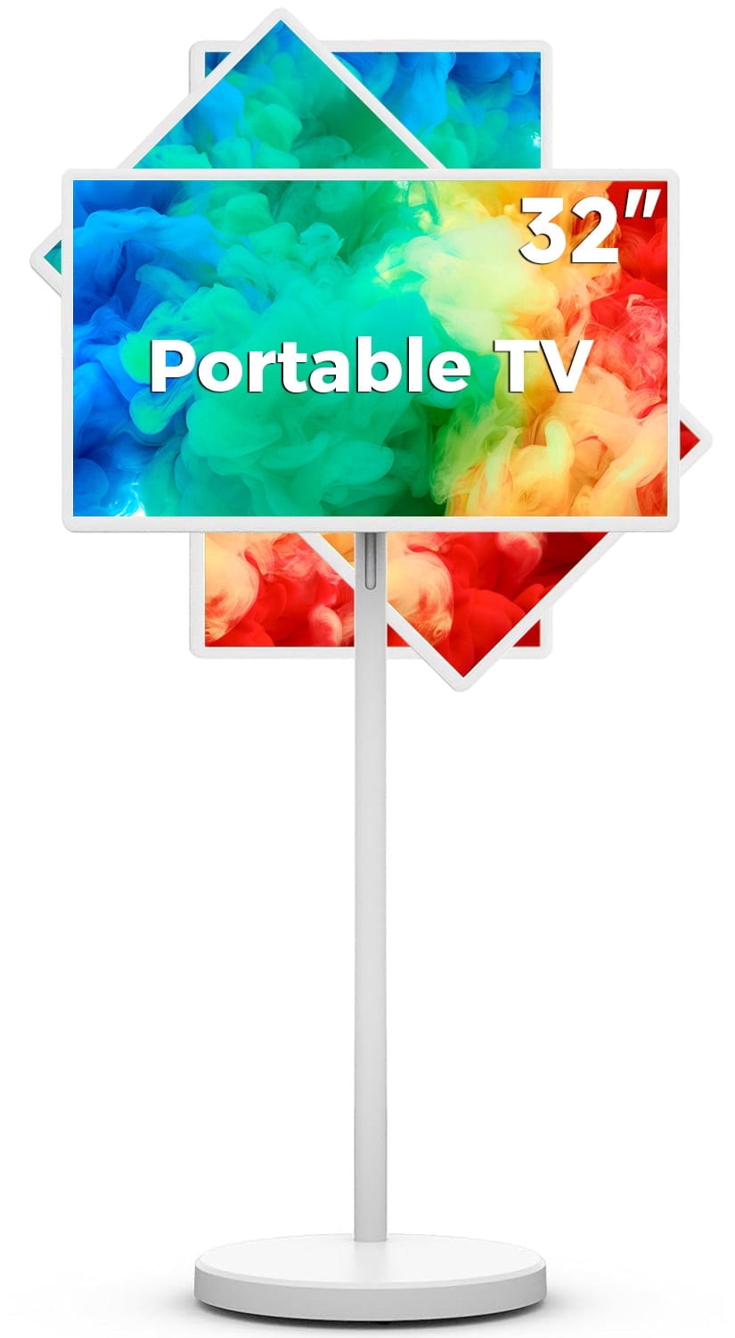 32-Inch Portable Smart Touch Screen TV on Wheels, 1080P Full HD Wireless Monitor with 8-Hour Battery, 128GB Storage, Android 15 OS, Rolling Stand and Remote Control, Multi-Purpose Use