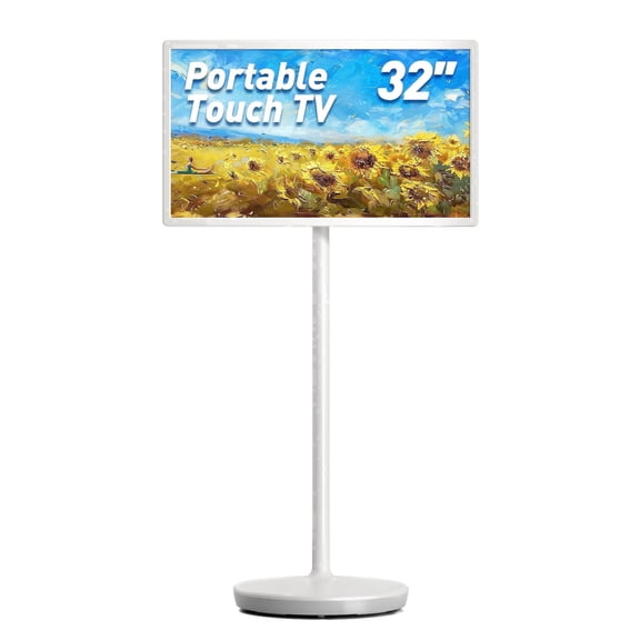 32-Inch Portable TV with Touch Screen ,8GB RAM + 128GB Storage, 1080P Full HD Portable Monitor with Built-in 8-Hour Battery, Android 15 OS, Rolling TV on Wheels, Remote Control