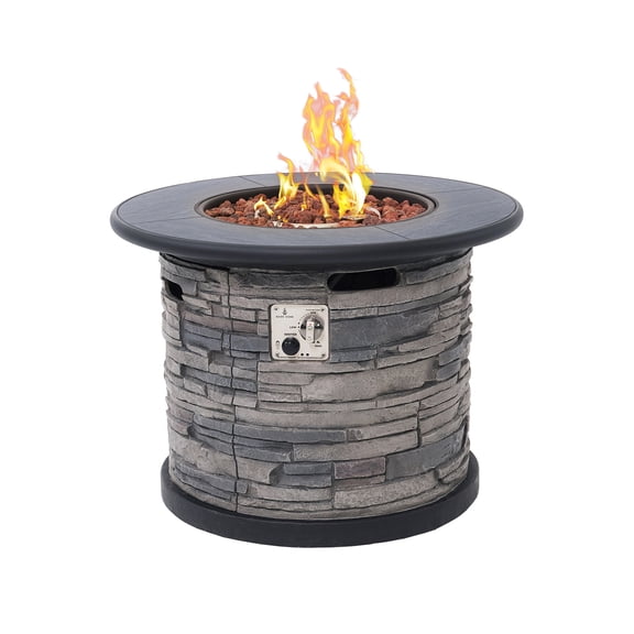 32-Inch Propane Fire Pit Table, 50,000 BTU, Porcelain Tile Top, Concrete Composite Firepit Base with Faux Stacked Stone Texture, Outdoor Gas Fire Table with Lid, Lava Rocks, Cover