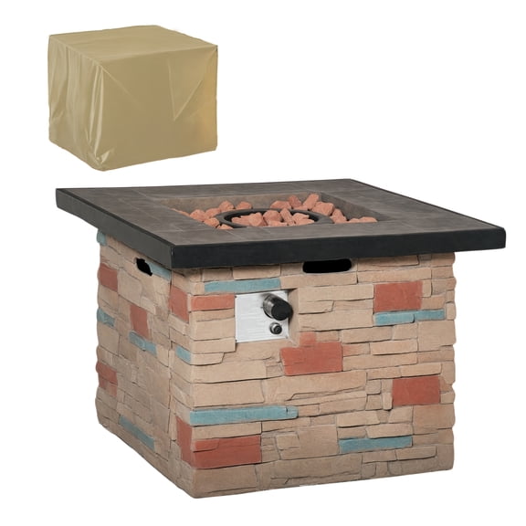 32 Inch Propane Fire Pit Table, 50000 BTU Outdoor Gas Fireplace, Square Faux Stone Firepit with Lava Rocks & Cover