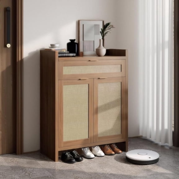 32 Inch Rattan Shoe Cabinet with Doors and Drawer, Adjustable Shelf Shoe Organizer Console Table for Entryway, Living Room and Closet