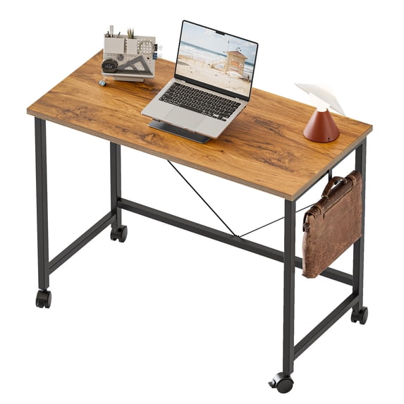 32 Inch Rolling Computer Desk In Light Antique Finish Modern Home Office Study Table With Wheels