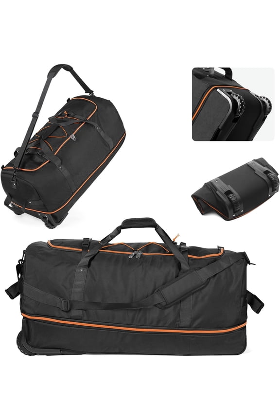 32-Inch Rolling Duffle Bag, Expandable 110L-140L Capacity, Soft-Sided Foldable Design with Dual Wheels, No Traditional Telescoping Handle, for Travel, Business, Camping,Black-orange
