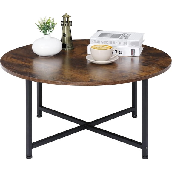 32 Inch Round Coffee Table Wood Central Table with Sturdy Metal Cross Legs Industrial Sofa Table Living Room, Coffee Bar, Patio